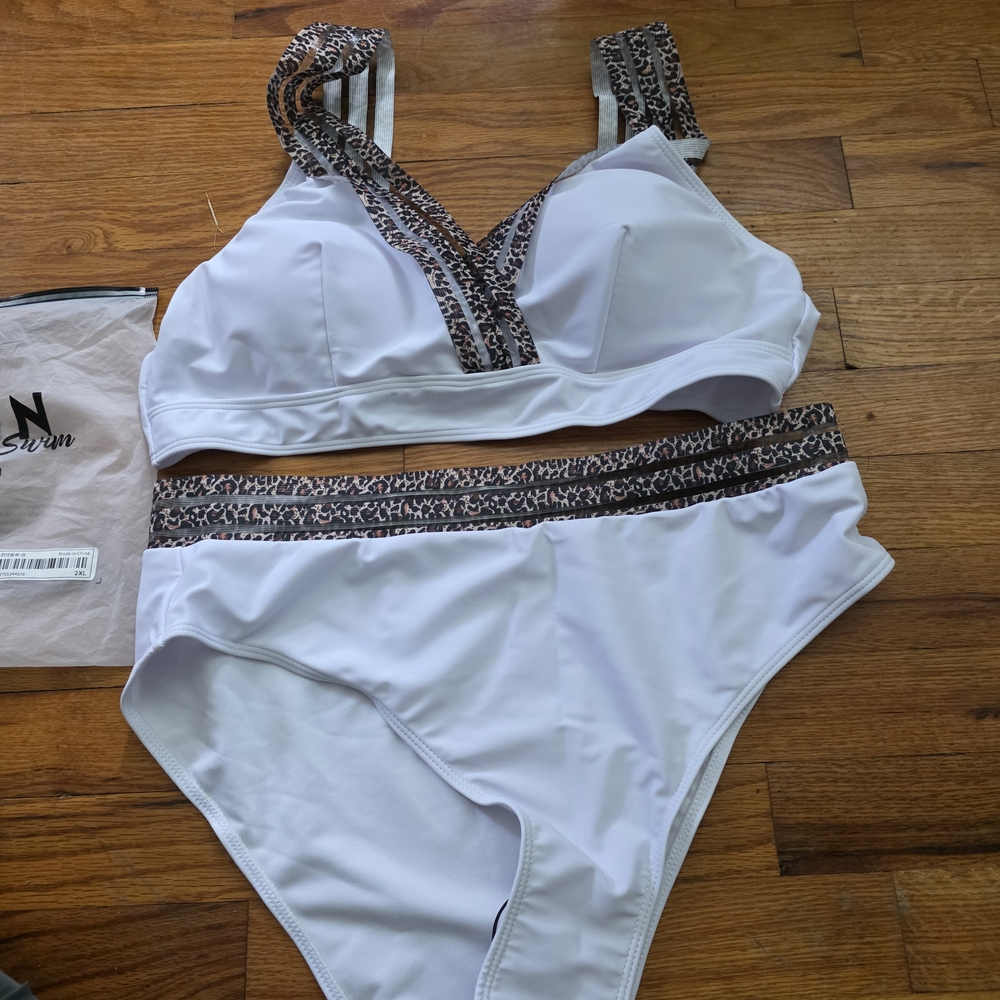 White Leopard Trim Bikini Set